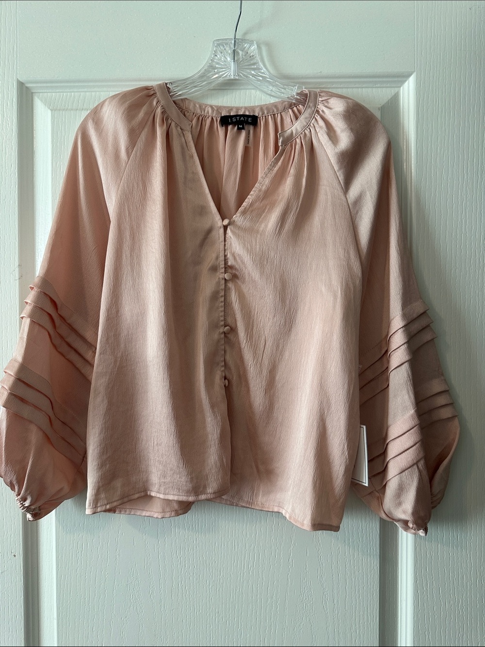 1. State Blush Pink Button-Front Balloon Sleeve Blouse